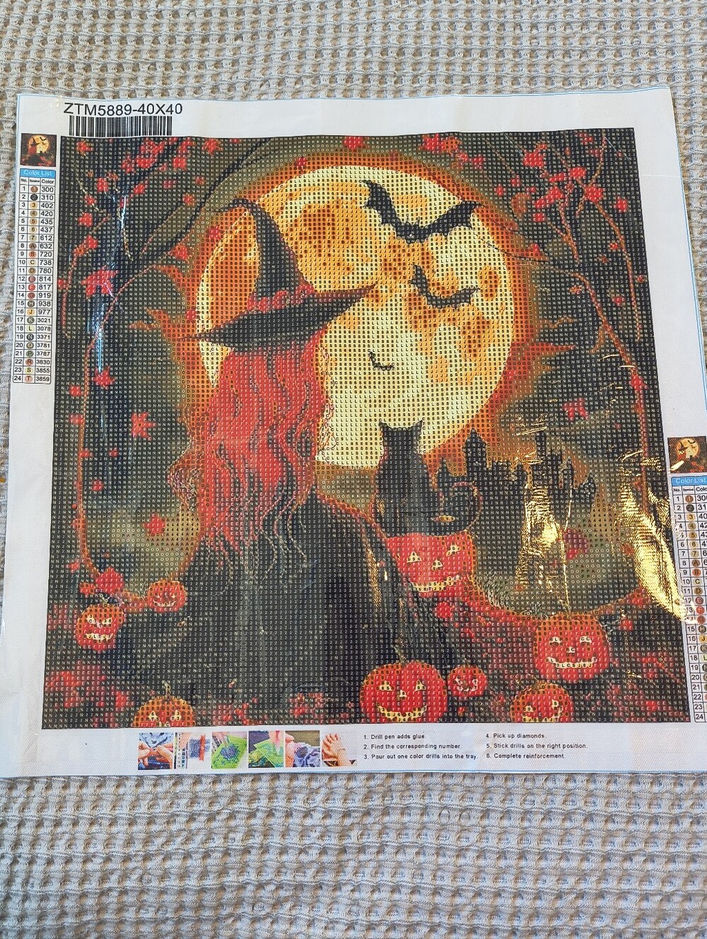 Halloween Diamond Painting Kit Witch Pumpkins Moon 40x40cm Round 24 Colors DIY